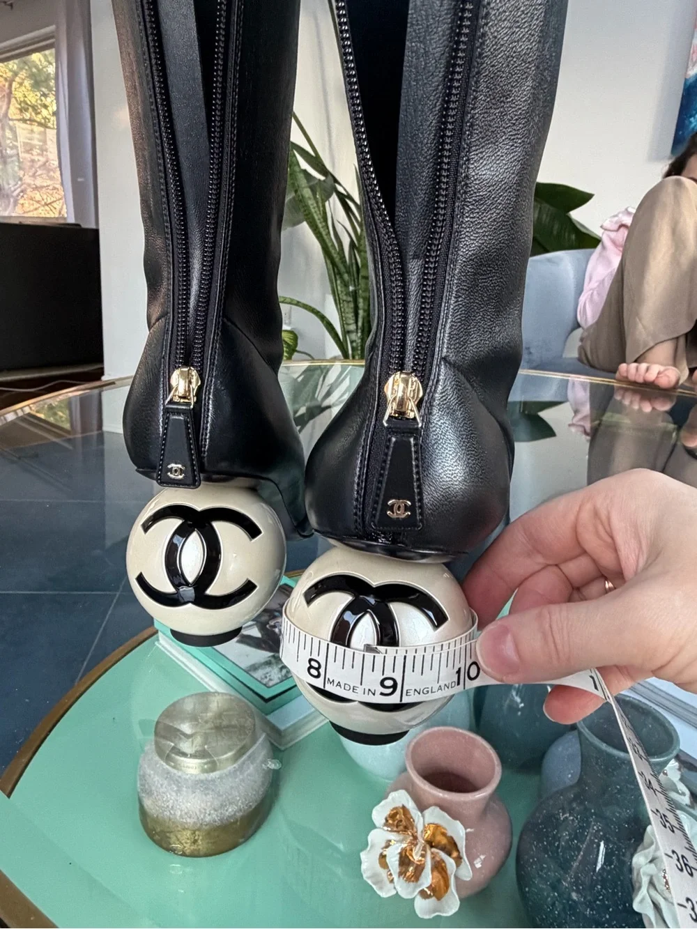 CHANEL 25K Pearl Ball Heel CC Logo Stretch Black Leather Mid Calf Boots 38.5 NIB